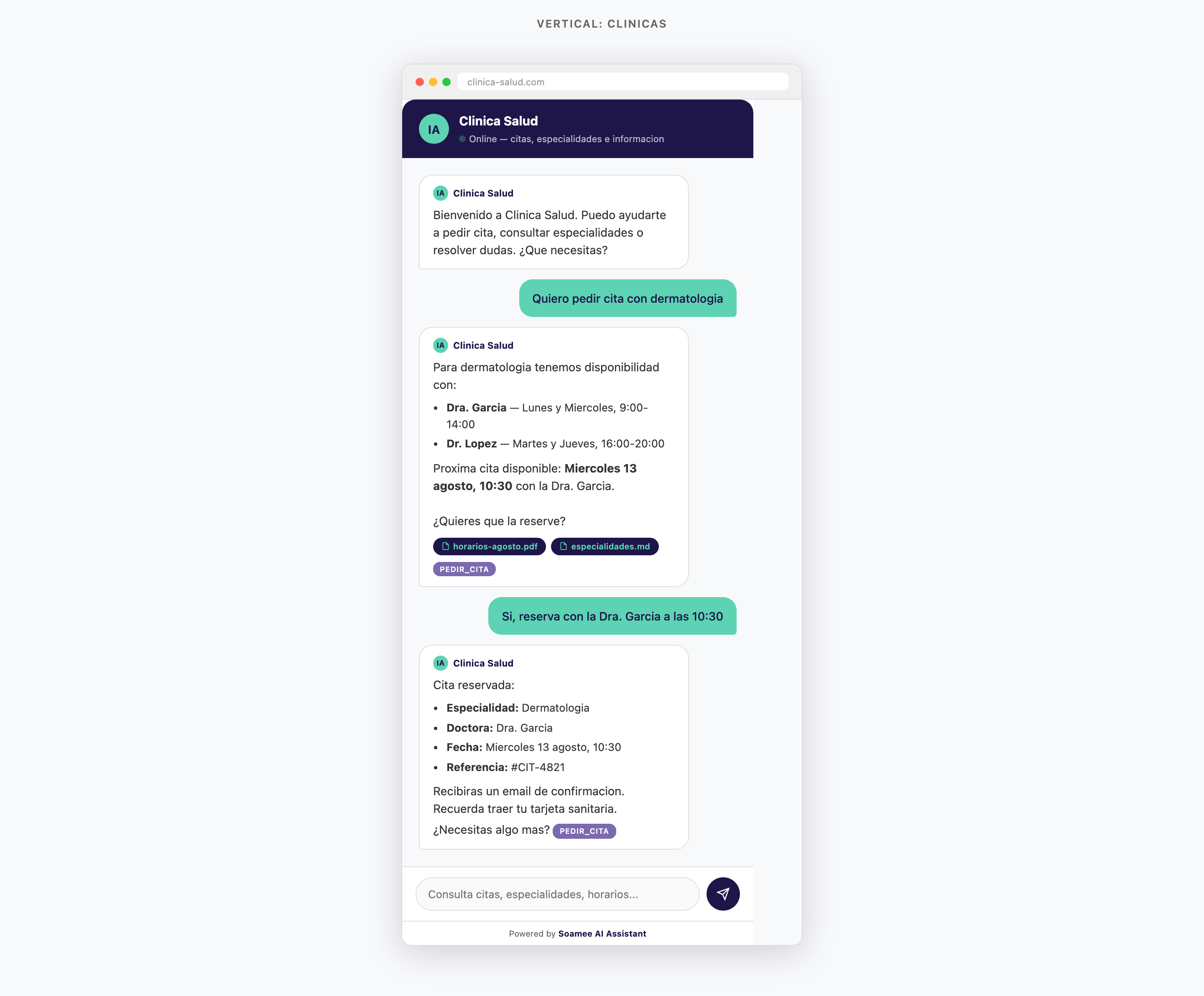 Chatbot IA para clínicas gestionando citas, especialidades y consultas de pacientes