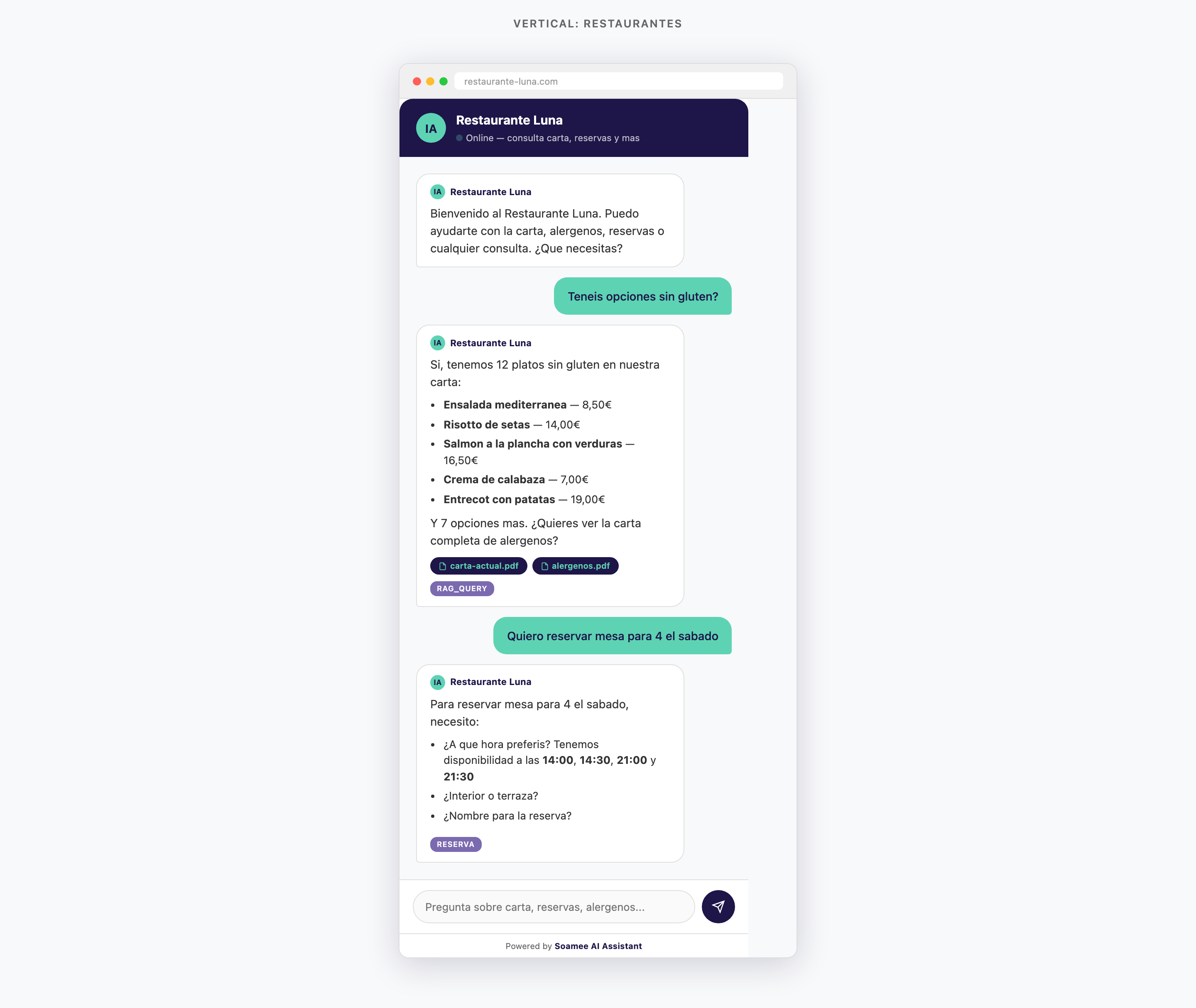 Chatbot IA para restaurantes mostrando carta, alérgenos y gestión de reservas online