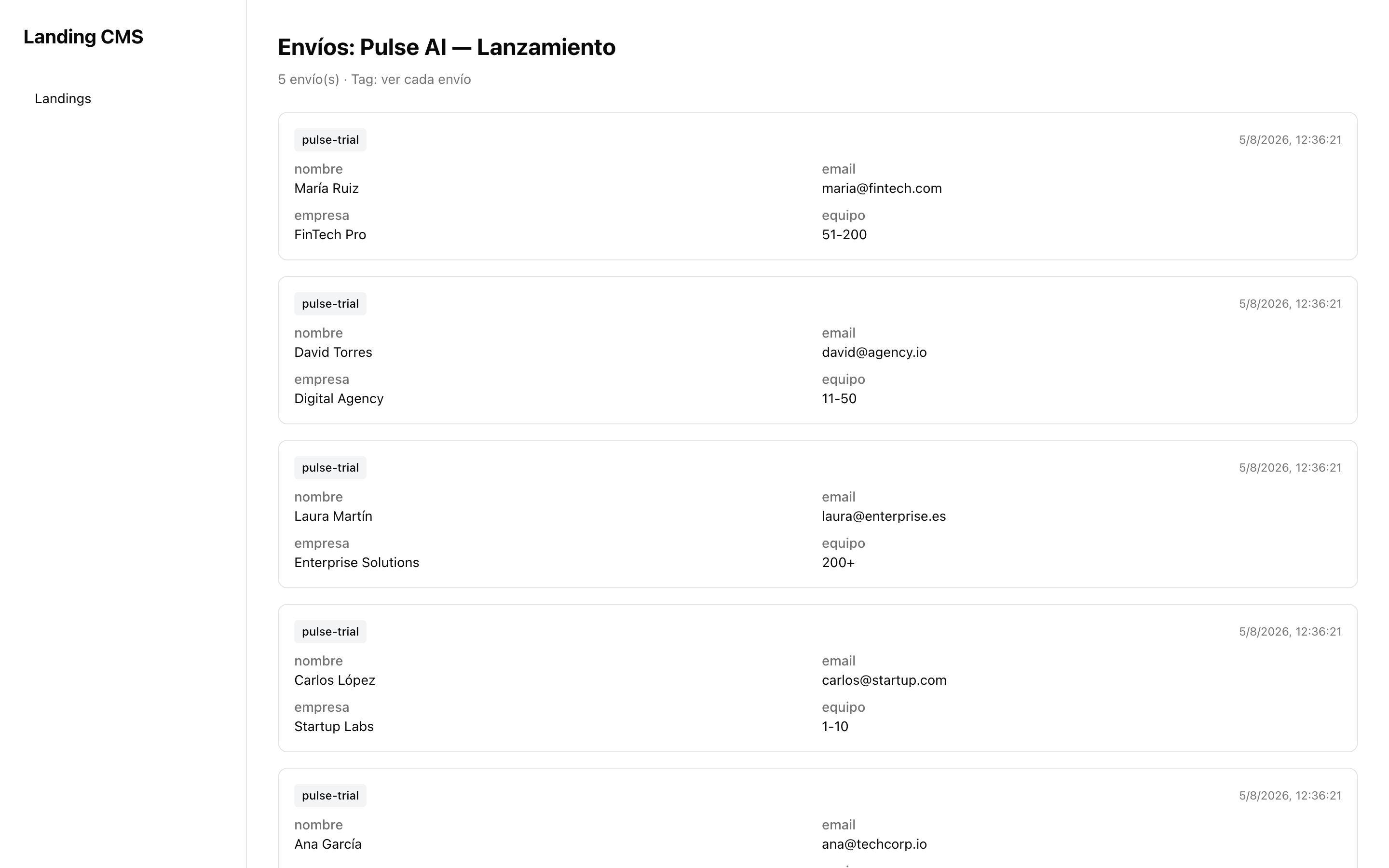 Dashboard de tracking con métricas de conversión por landing y campaña