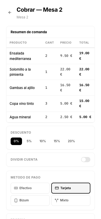 Pantalla de cobro desde móvil
