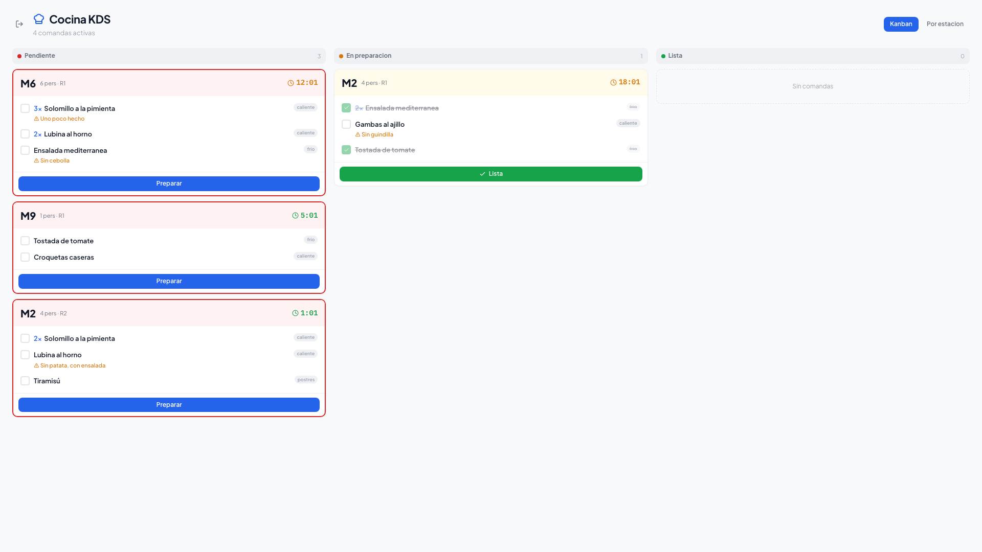 Kitchen Display System con kanban de comandas en tiempo real
