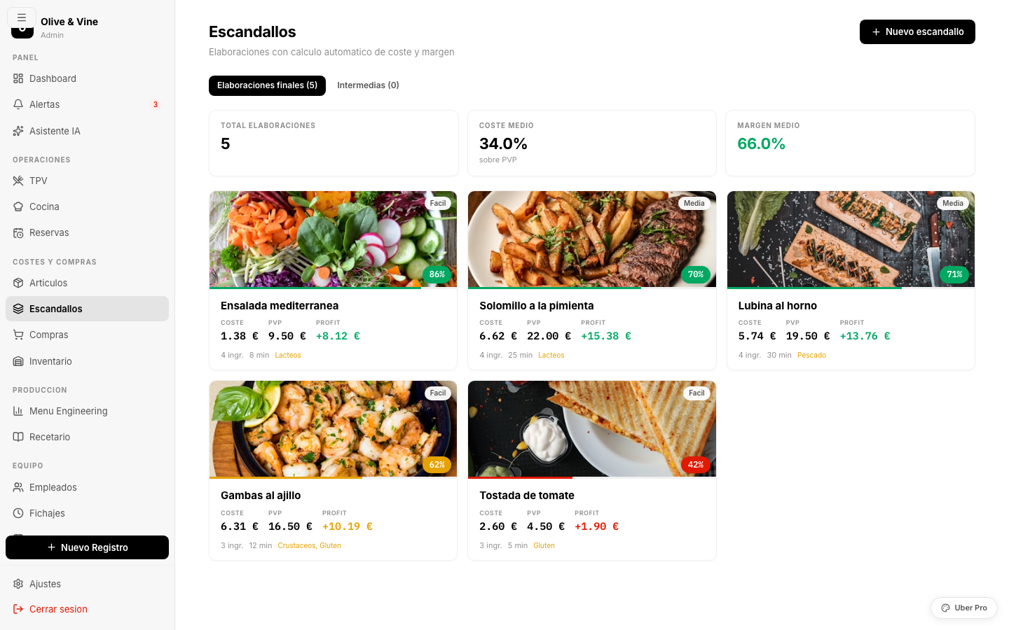Escandallos con coste, margen y lista de ingredientes