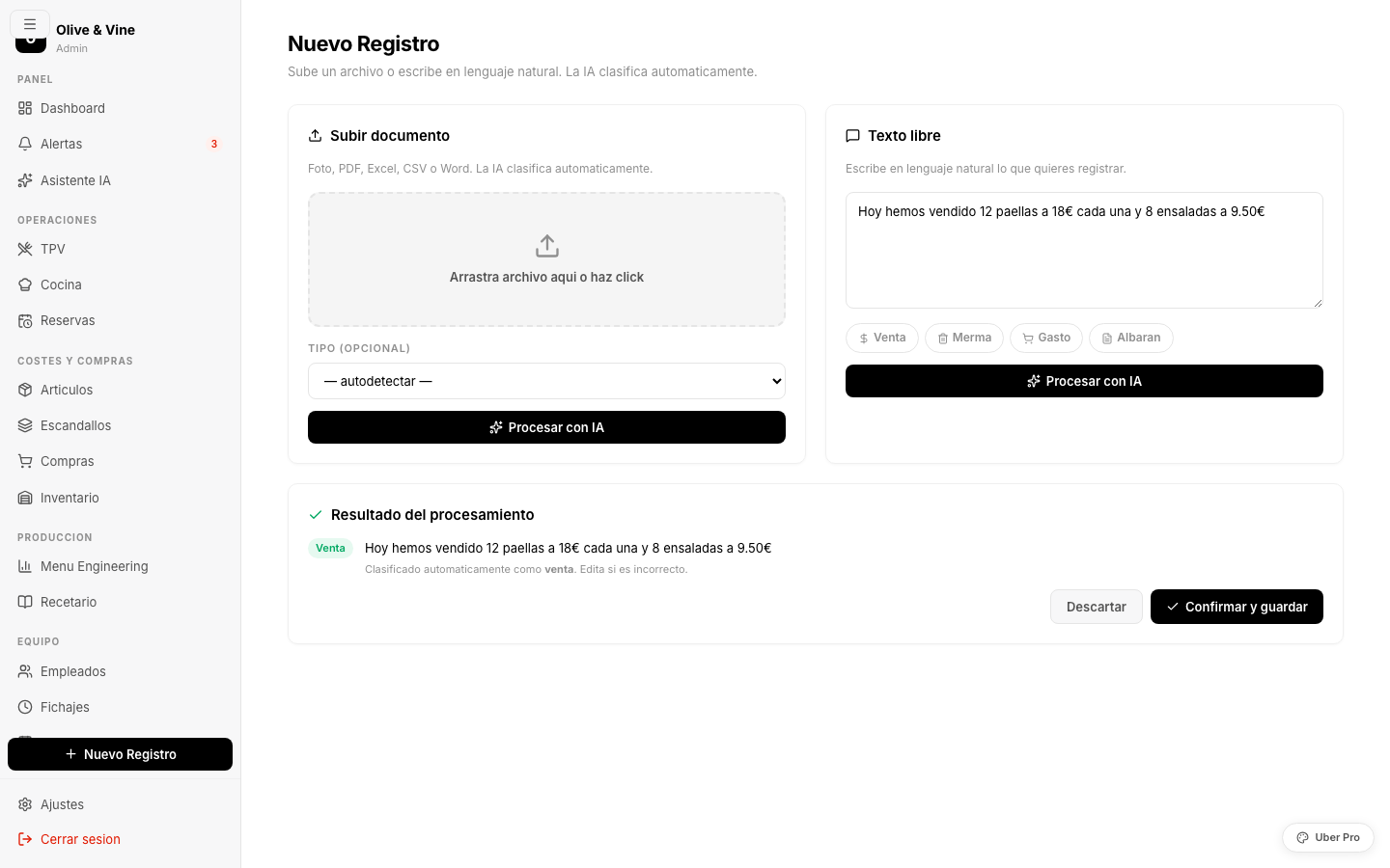 Sugerencias de platos del día generadas por IA basadas en inventario próximo a caducar y márgenes del escandallo