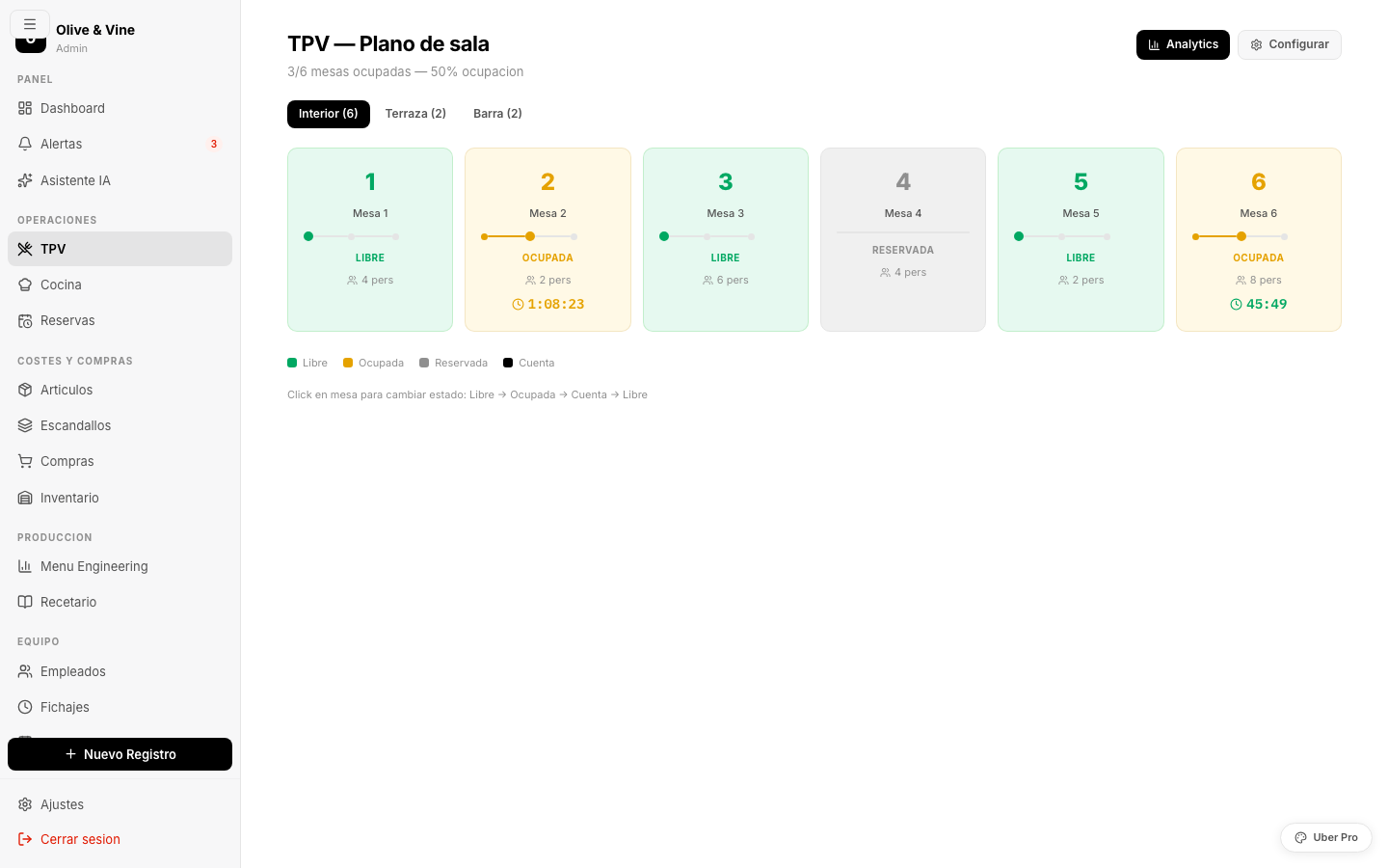 TPV con plano de sala interactivo y estados por mesa